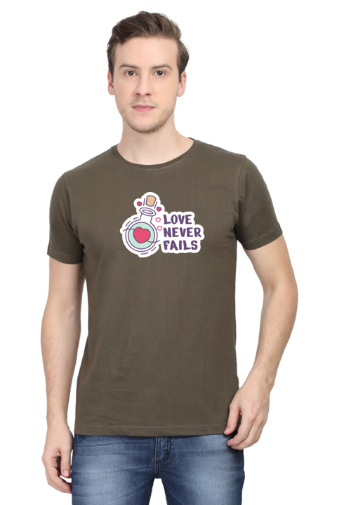 Love Never Fails Valentine's Day T-shirt for Men - Olive Green