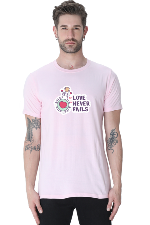 Love Never Fails Valentine's Day T-shirt for Men - Baby Pink