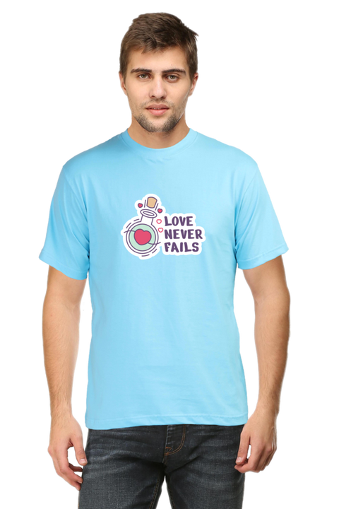Love Never Fails Valentine's Day T-shirt for Men - Sky Blue
