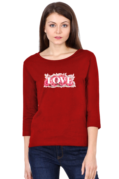 Valentine's Rose Full Sleeve T-Shirt for Women - Red