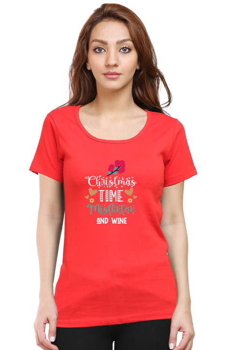 Christmas Time Mistletoe & Wine T-Shirt for Women - Red