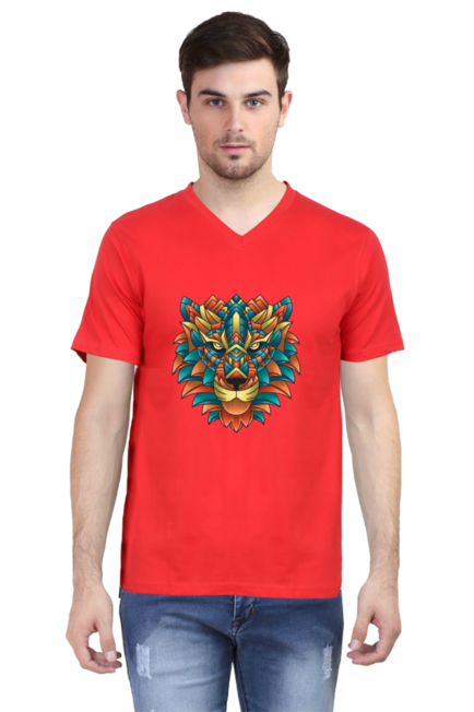 Red Modern Lion V-Neck T-Shirt for Men