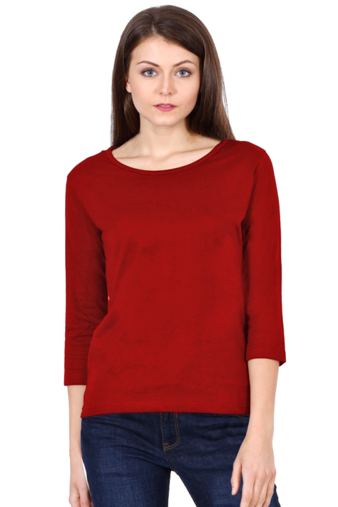Full Sleeve Red Round Neck T-Shirt for Women