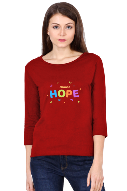 Red Choose Hope Full Sleeve Round Neck T-Shirt for Women