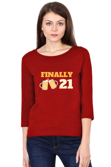 Red Finally 21 Full Sleeve Round Neck T-Shirt for Women