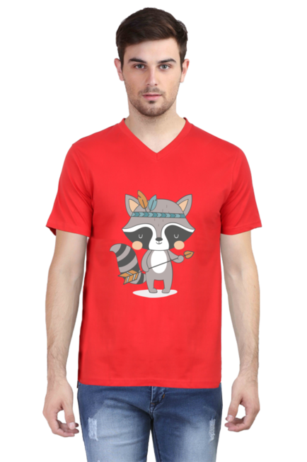 Tribal Forest Animal Red V-Neck T-Shirt for Men