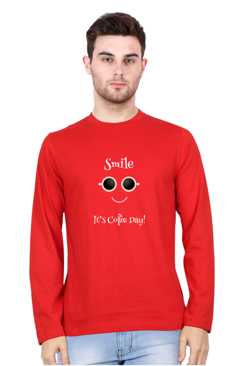 Smile it's Coffee Day Full Sleeve T-Shirt for Men - Red