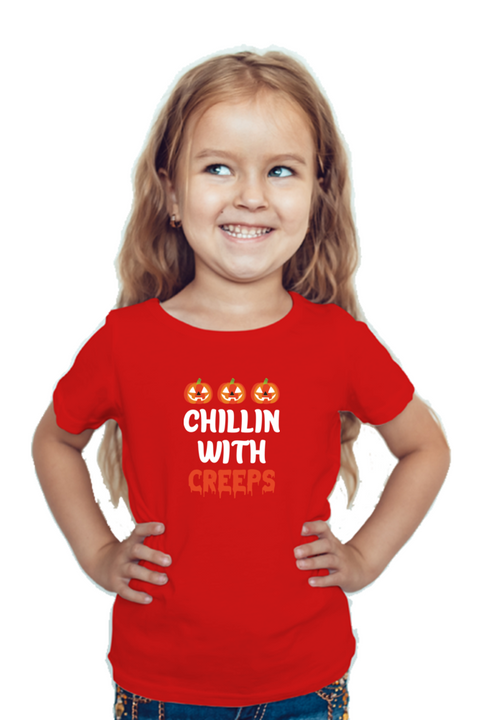 Chillin With Creeps Halloween T-Shirt for Girls - Red