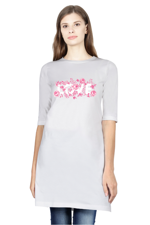 Love Roses White Long Cotton T-shirt for Women
