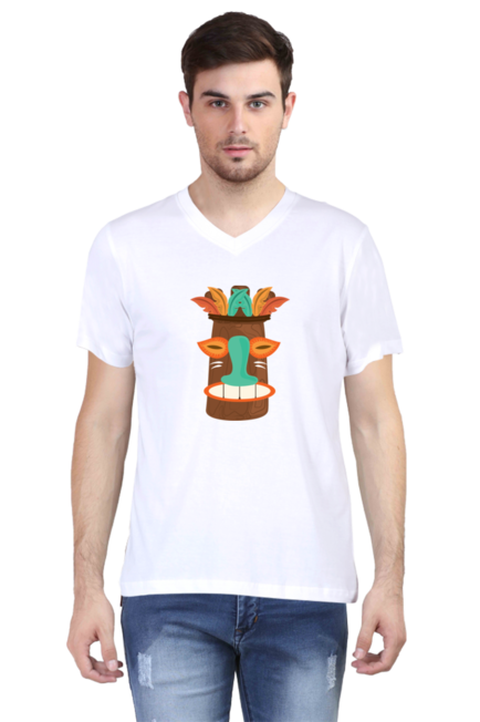 Tribal Mask White V-Neck T-Shirt for Men