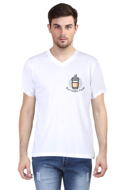 White But Coffee First V-Neck T-Shirt for Men