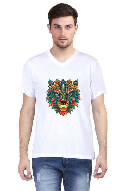 White Modern Lion V-Neck T-Shirt for Men