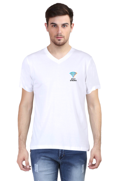 White Stay Strong V-Neck T-shirt for Men