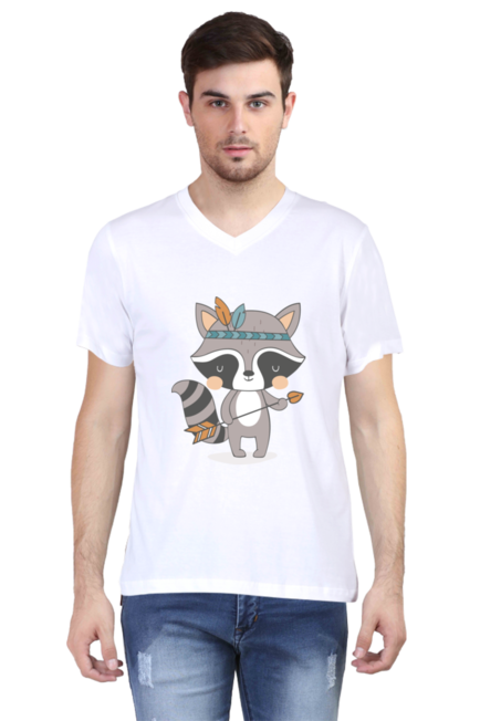 Tribal Forest Animal White V-Neck T-Shirt for Men