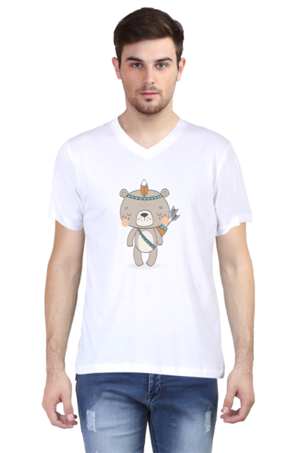 Tribal Forest Bear White V-Neck T-Shirt for Men