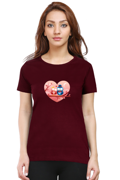 Owls in Love Valentine T-Shirt for Women - Maroon 
