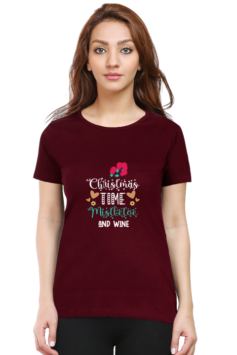 Christmas Time Mistletoe & Wine T-Shirt for Women - Maroon