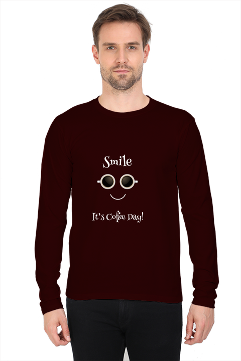 Smile it's Coffee Day Full Sleeve T-Shirt for Men - Maroon
