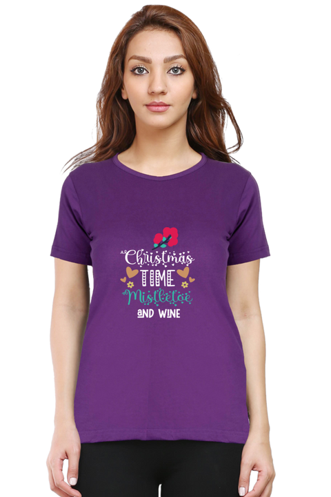 Christmas Time Mistletoe & Wine T-Shirt for Women - Purple