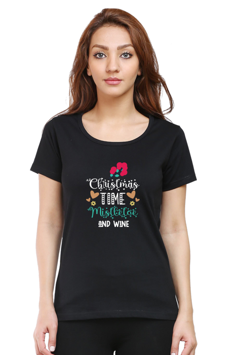 Christmas Time Mistletoe & Wine T-Shirt for Women - Black