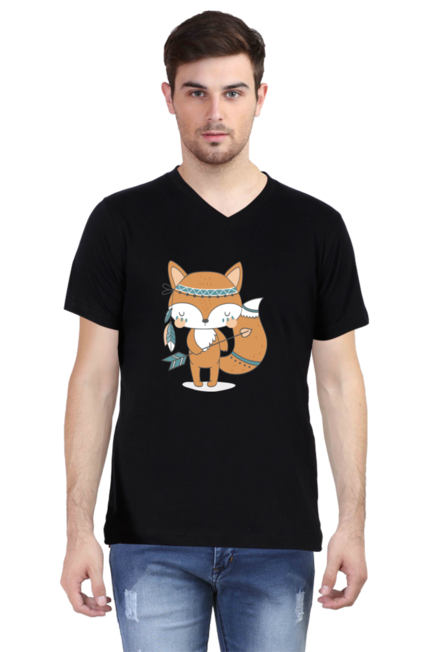 Tribal Fox Black V-Neck T-Shirt for Men