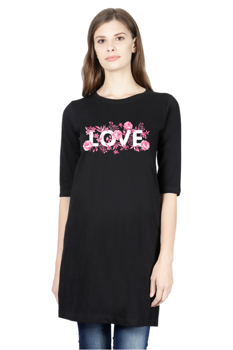 Love Roses Black Long Cotton T-shirt for Women