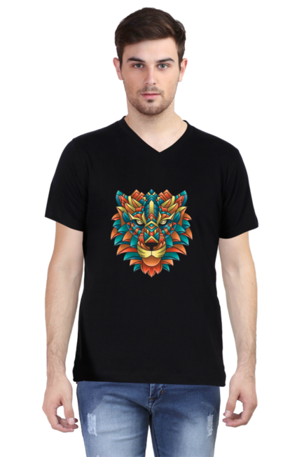 Black Modern Lion V-Neck T-Shirt for Men