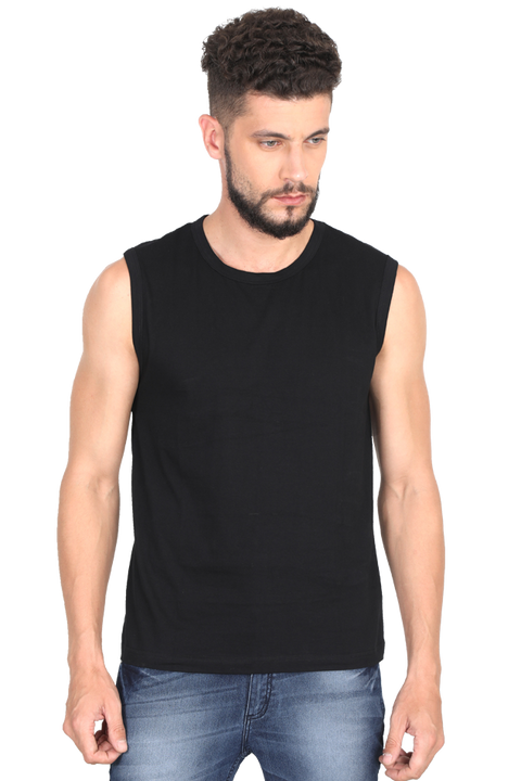 Black Round Neck Sleeveless T-shirt for Men