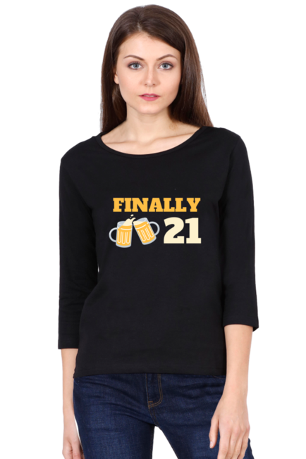 Black Finally 21 Full Sleeve Round Neck T-Shirt for Women