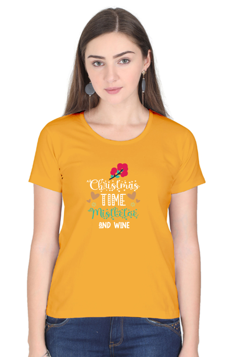 Christmas Time Mistletoe & Wine T-Shirt for Women - Golden Yellow