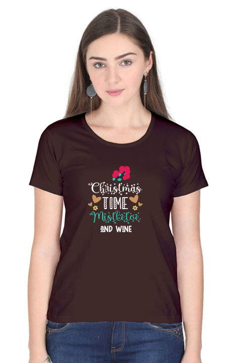 Christmas Time Mistletoe & Wine T-Shirt for Women - Coffee Brown