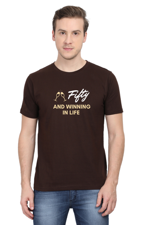 Fifty and Winning in Life T-Shirt for Men - Coffee Brown
