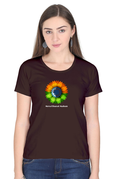 Independence Day Floral Coffee Brown  T-Shirt for Women