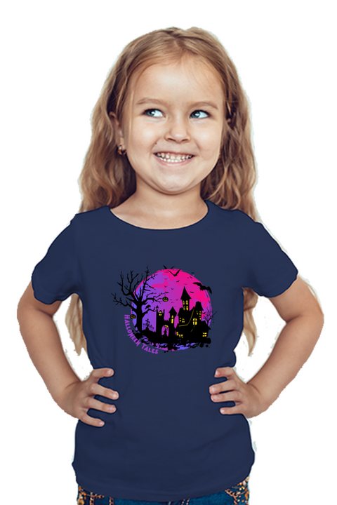 Halloween Haunted House Navy Blue T-Shirt for Girls