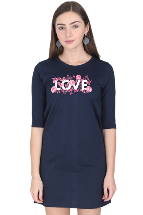 Love Roses Navy Blue Long Cotton T-shirt for Women