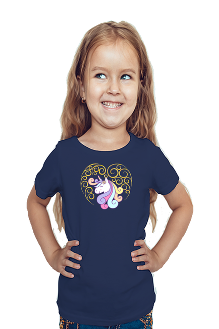 Navy Blue Unicorn Heart Glitter T-Shirt for Girls