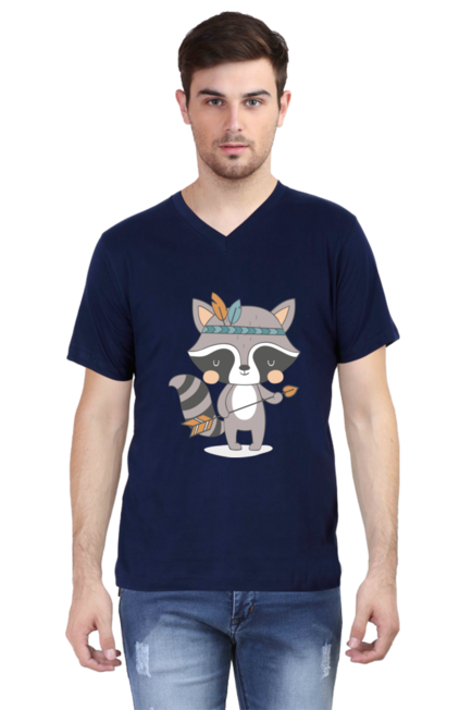 Tribal Forest Animal Navy Blue V-Neck T-Shirt for Men