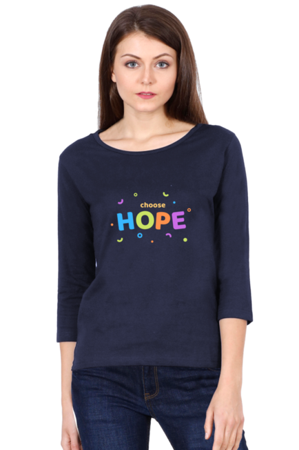 Navy Blue Choose Hope Full Sleeve Round Neck T-Shirt for Women
