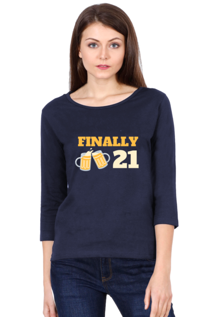 Navy Blue Finally 21 Full Sleeve Round Neck T-Shirt for Women