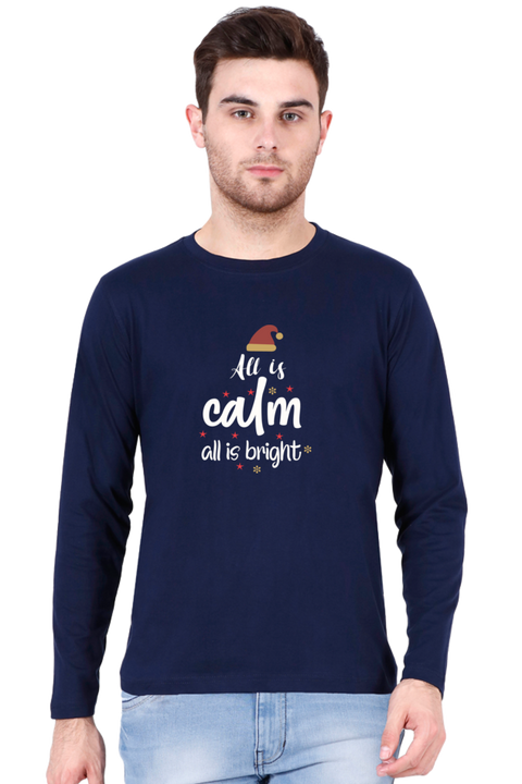 All is Bright Christmas Full Sleeve T-Shirt for Men - Navy Blue