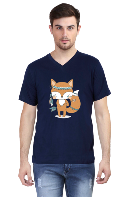 Tribal Fox Navy Blue V-Neck T-Shirt for Men