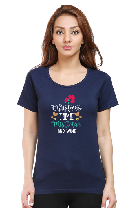 Christmas Time Mistletoe & Wine T-Shirt for Women - Navy Blue