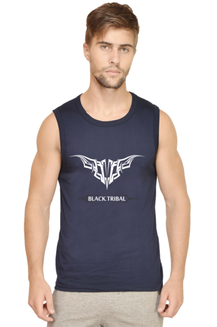 Black Tribal Sleeveless Navy Blue Gym Vest for Men