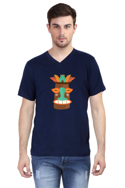 Tribal Mask Navy Blue V-Neck T-Shirt for Men