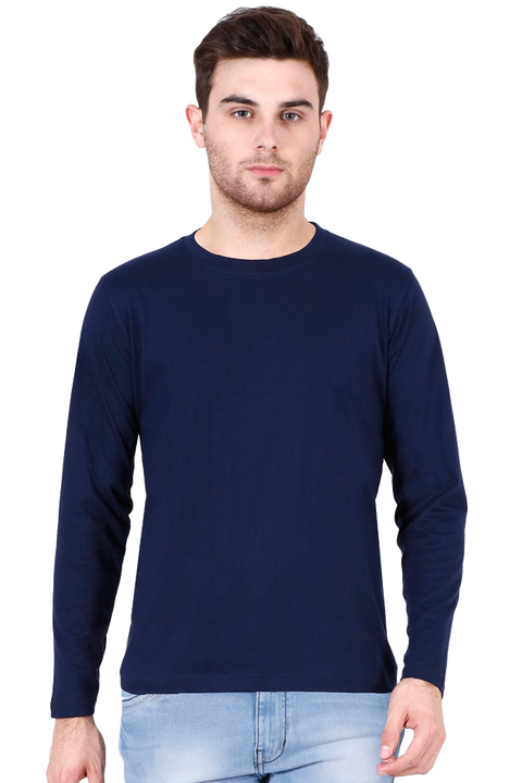 Plain Navy Blue Round Neck Full Sleeve T-Shirt for Men