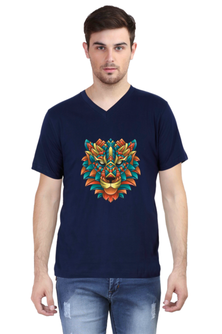 Navy Blue Modern Lion V-Neck T-Shirt for Men