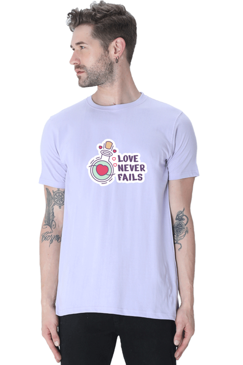 Love Never Fails Valentine's Day T-shirt for Men - Lavender