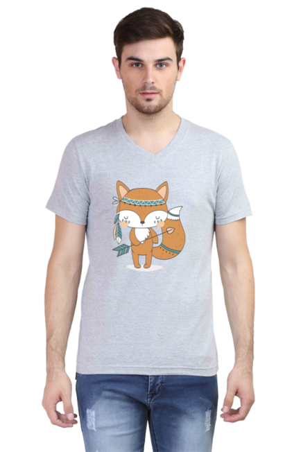 Tribal Fox Grey V-Neck T-Shirt for Men