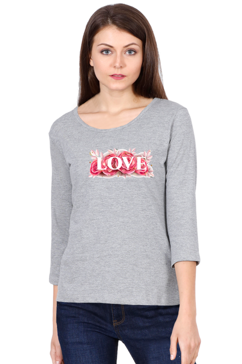 Valentine's Rose Full Sleeve T-Shirt for Women - Grey Melange