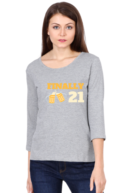 Grey Finally 21 Full Sleeve Round Neck T-Shirt for Women